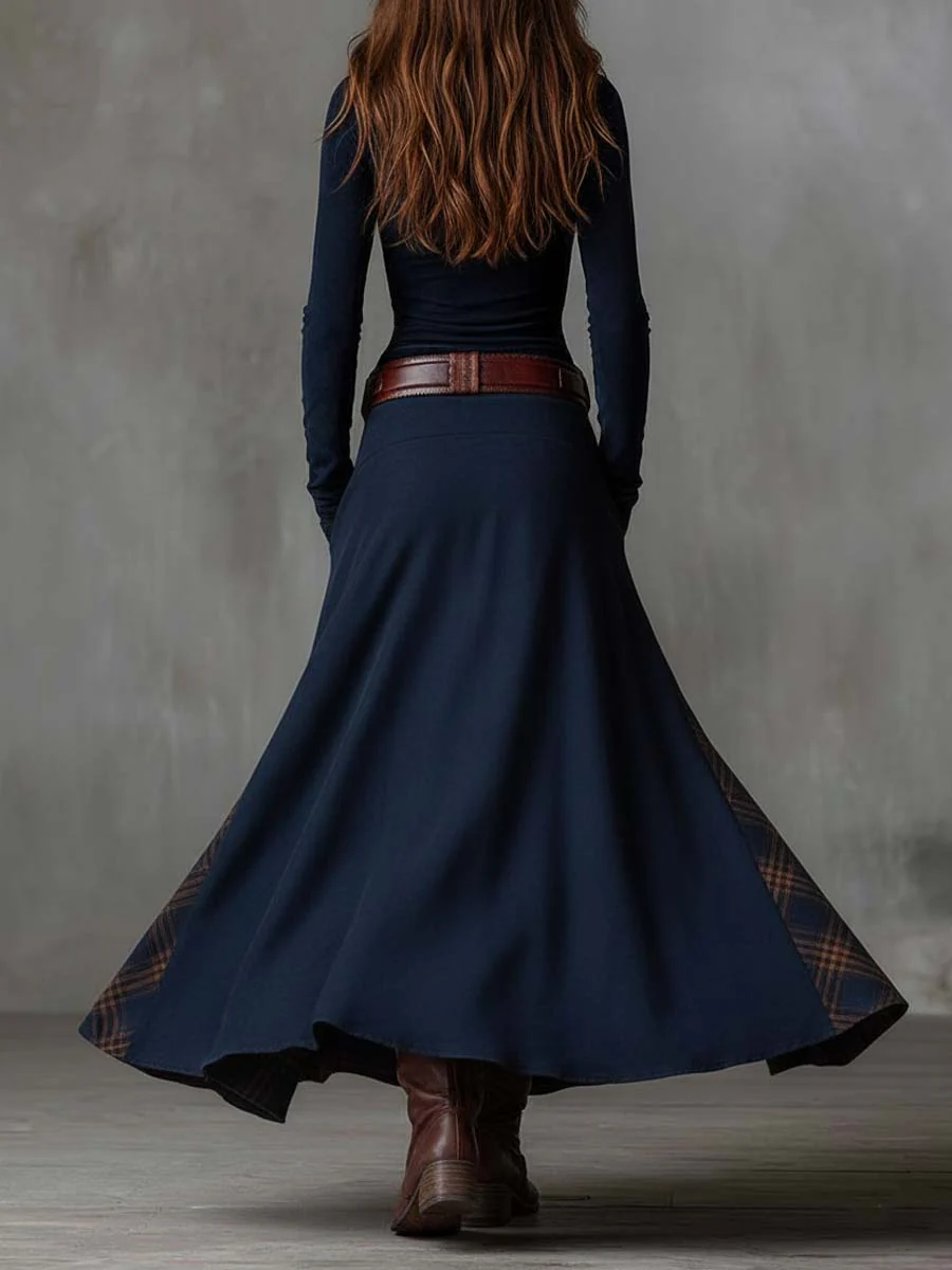 Sarah | Vintage Navy Blue Plaid Suede Maxi Dress (Includes Belt)
