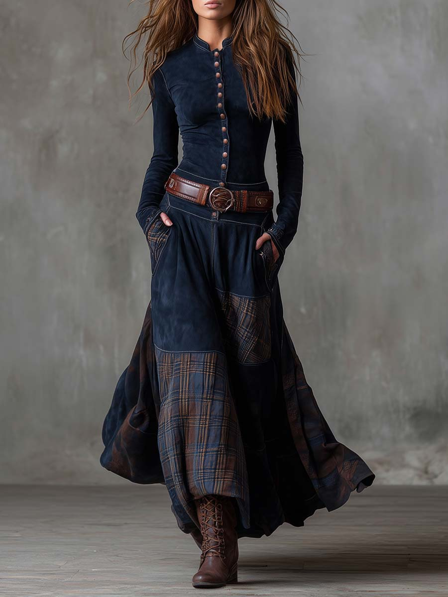 Sarah | Vintage Navy Blue Plaid Suede Maxi Dress (Includes Belt)