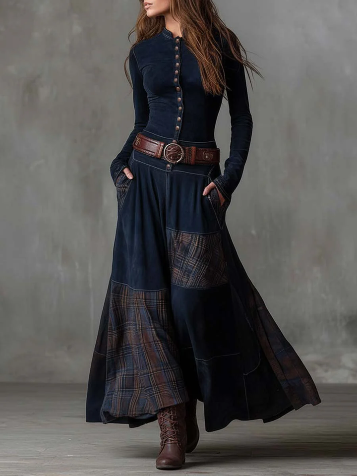 Sarah | Vintage Navy Blue Plaid Suede Maxi Dress (Includes Belt)