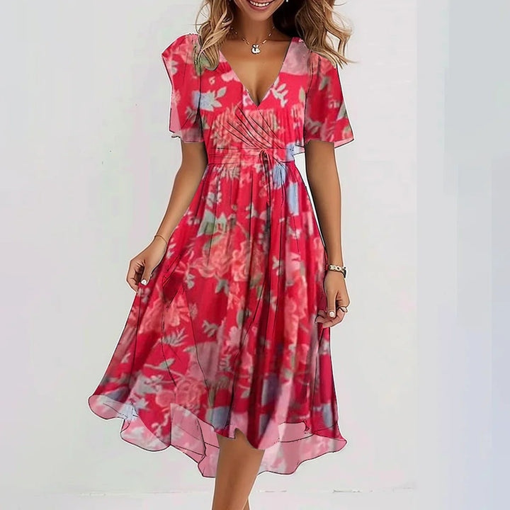 Women's Floral Wrap Midi Dress Flutter Sleeve Tie Waist