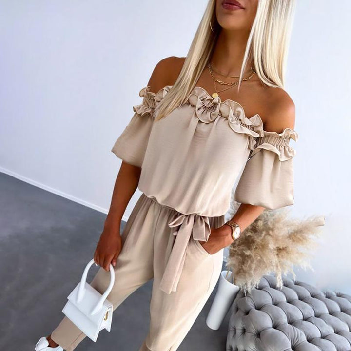 Claire | Chic Off Shoulder Frill Tie-Waist Jumpsuit