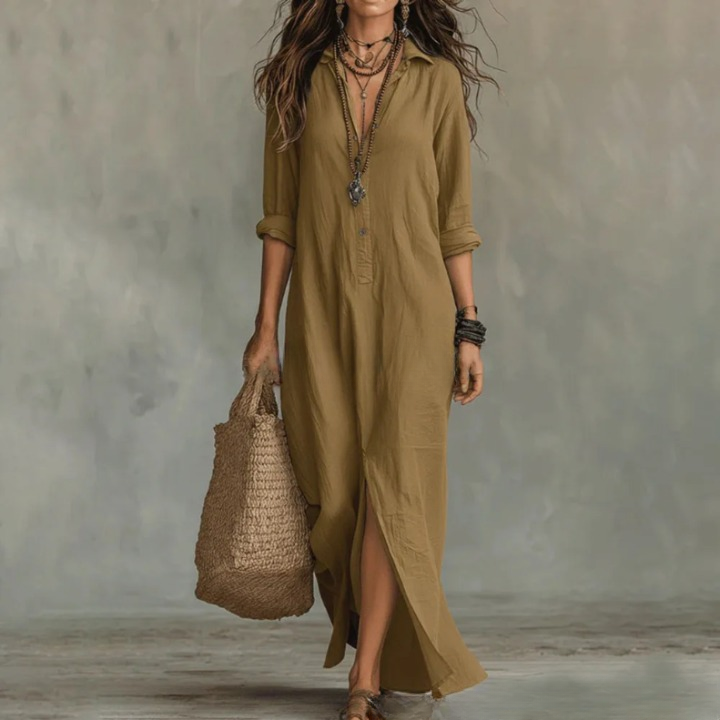 Women's Linen Maxi Shirt Dress Loose Fit Long Sleeve