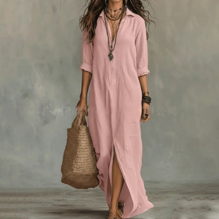 Women's Linen Maxi Shirt Dress Loose Fit Long Sleeve