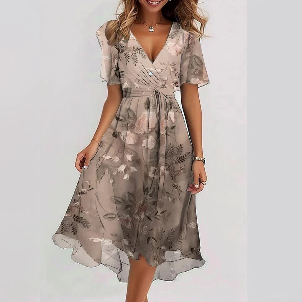 Women's Floral Wrap Midi Dress Flutter Sleeve Tie Waist