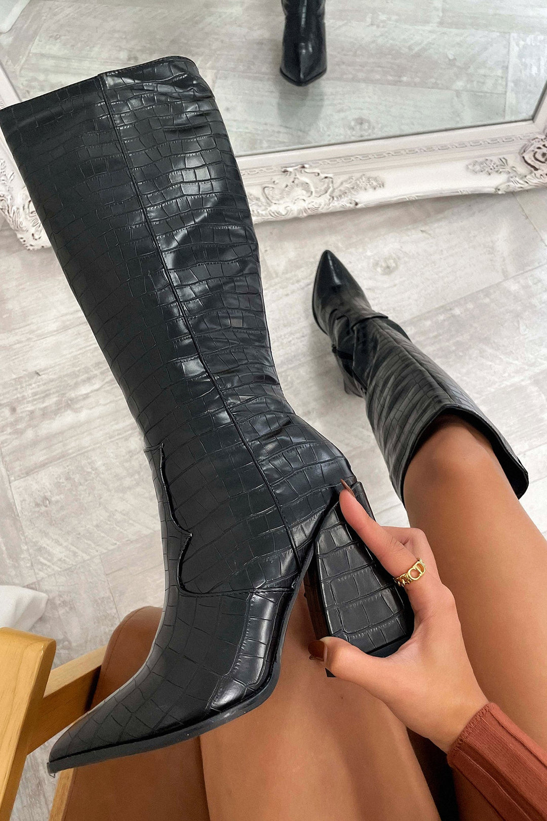 Mila | Black Croc Knee-High Boots