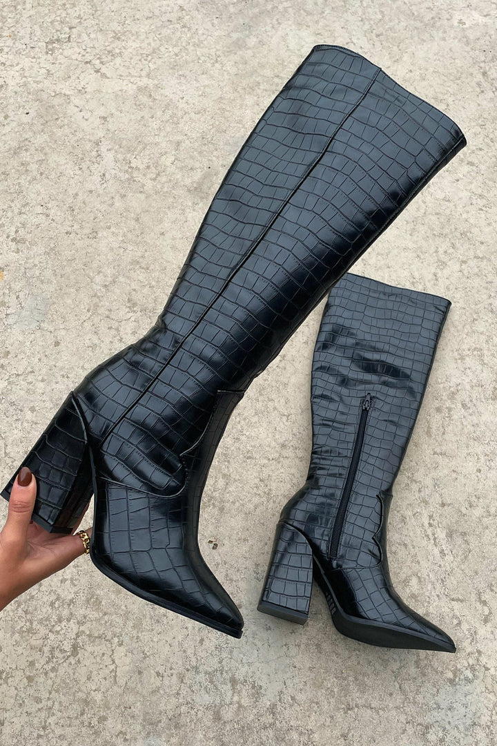 Mila | Black Croc Knee-High Boots