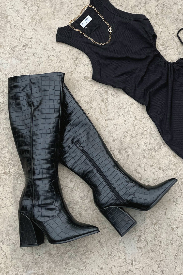 Mila | Black Croc Knee-High Boots