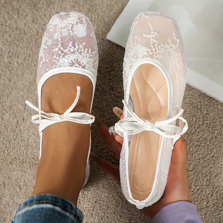 Women's Lace Mesh Mary Jane Flats Bow Strap Sequin Detail
