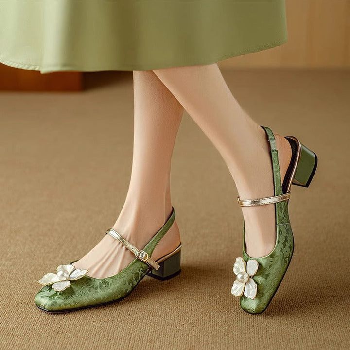 Isabeau | Women's Floral Mary Jane Pumps Block Heel Jacquard Strap