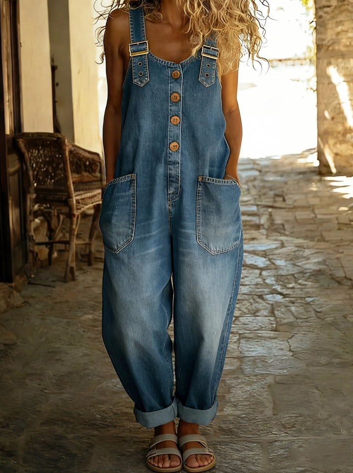 Veronica | Casual denim jumpsuit with adjustable buckle.