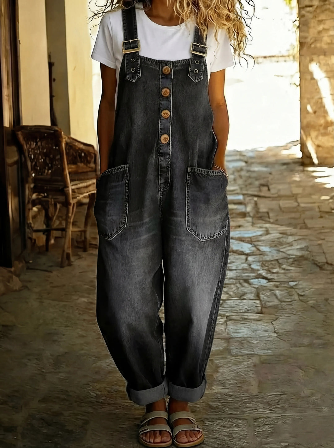 Veronica | Casual denim jumpsuit with adjustable buckle.