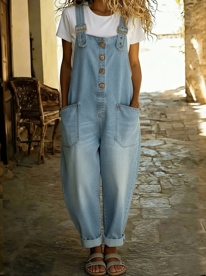Veronica | Casual denim jumpsuit with adjustable buckle.