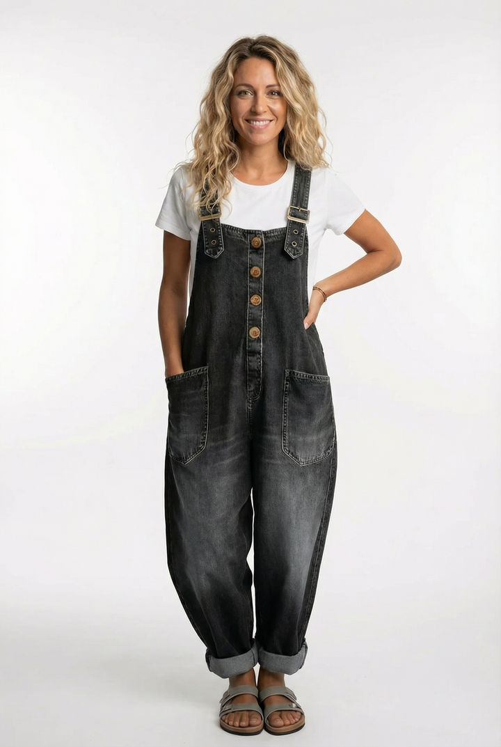 Women's Casual Denim Jumpsuit Wide Leg Adjustable Strap