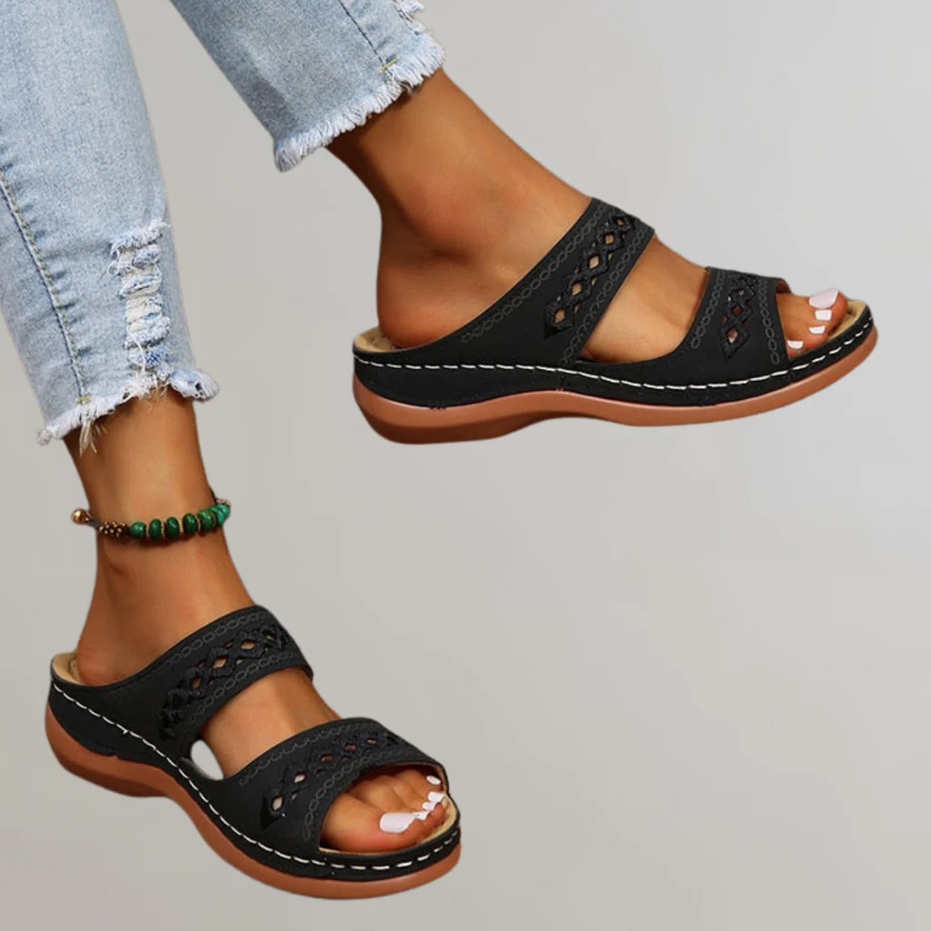 Women's Orthopedic Double Strap Woven Trim Sandals