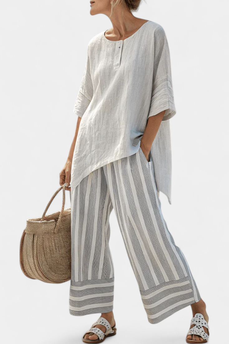 Veronica – Elegant Asymmetric Blouse and Striped Pants