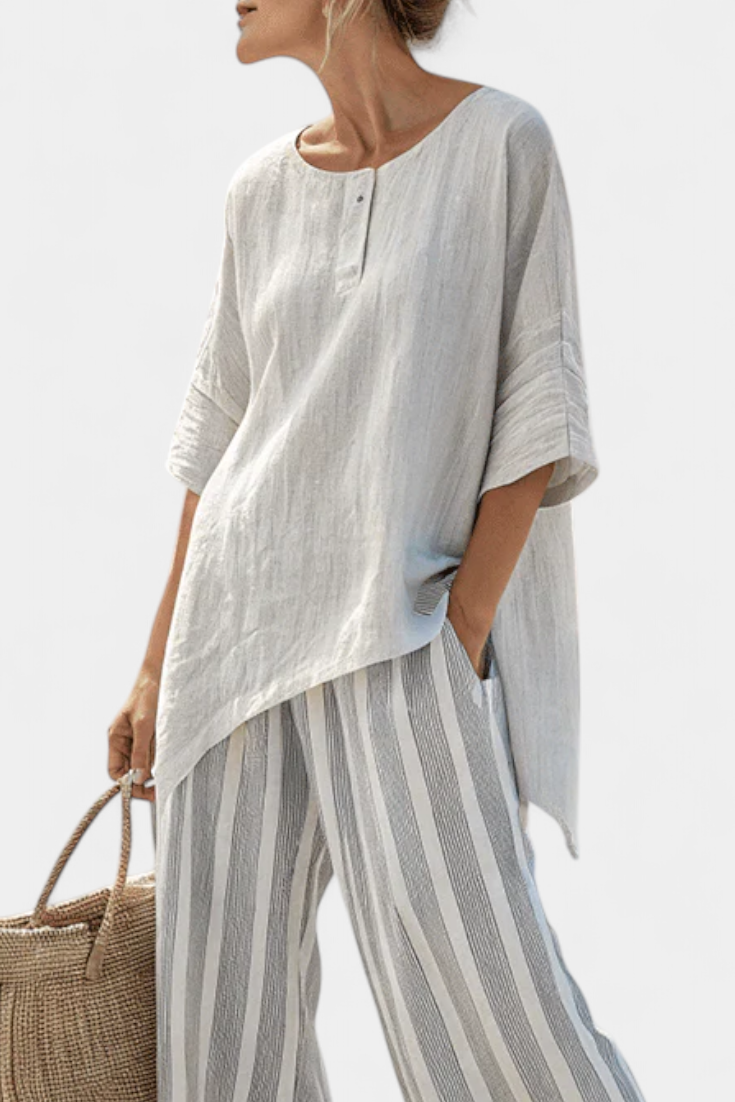 Veronica – Elegant Asymmetric Blouse and Striped Pants