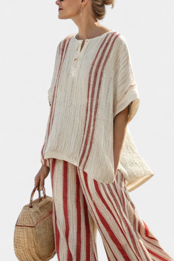 Veronica – structured red striped top and linen pants