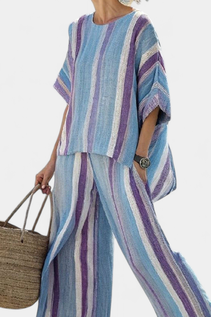 Veronica – elegant mauve pastel top and striped linen pants