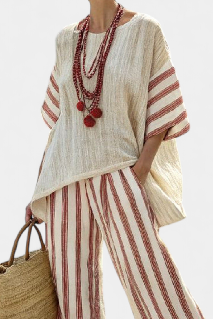 Veronica  – Striped Rustic Elegant Top and Cream Linen Pants