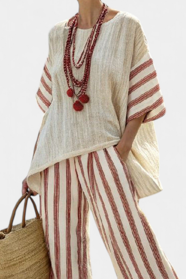 Veronica  – Striped Rustic Elegant Top and Cream Linen Pants