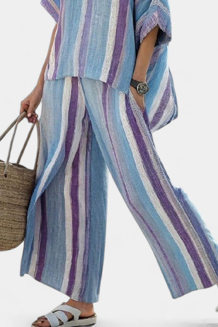 Veronica – elegant mauve pastel top and striped linen pants
