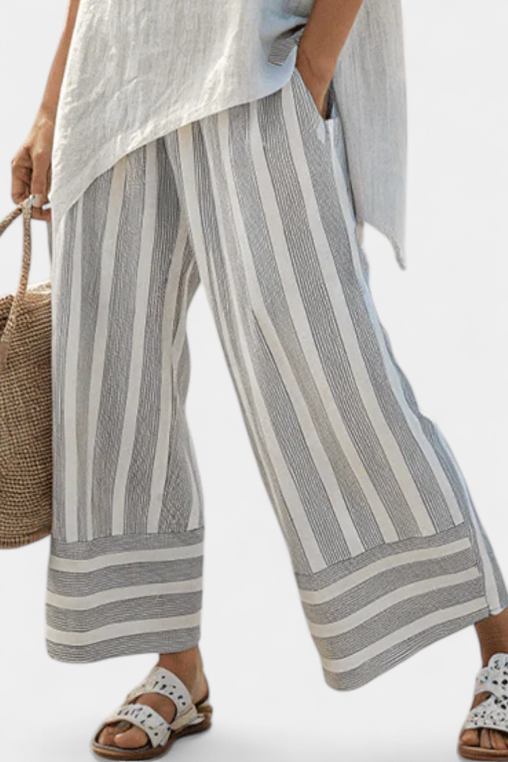 Veronica – Elegant Asymmetric Blouse and Striped Pants