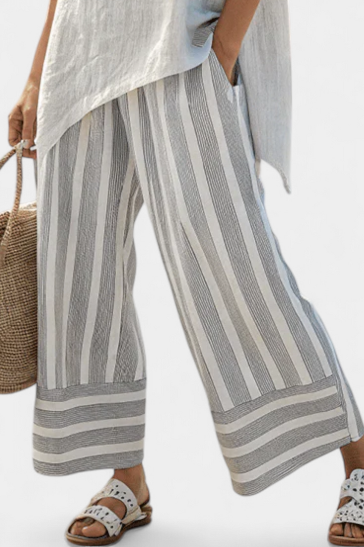 Veronica – Elegant Asymmetric Blouse and Striped Pants