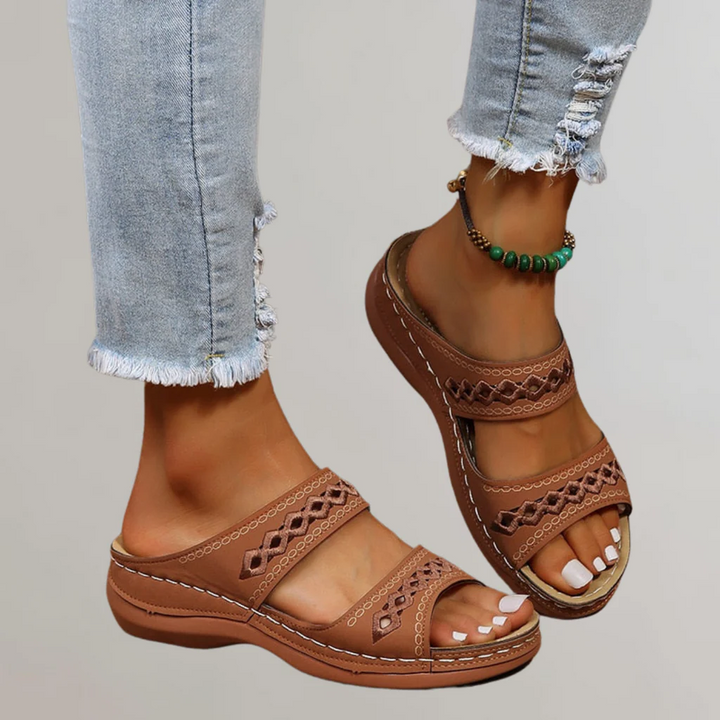 Women's Orthopedic Double Strap Woven Trim Sandals