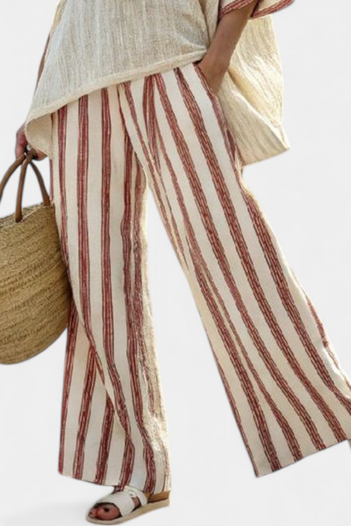 Veronica  – Striped Rustic Elegant Top and Cream Linen Pants