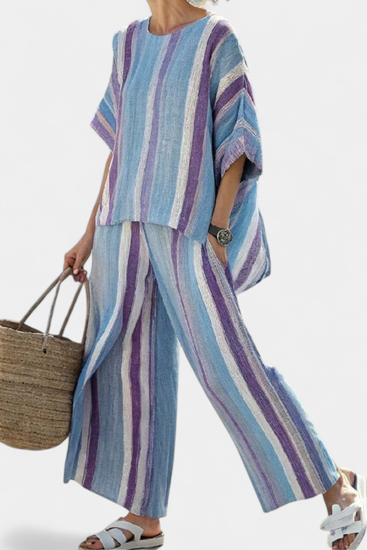Veronica – elegant mauve pastel top and striped linen pants