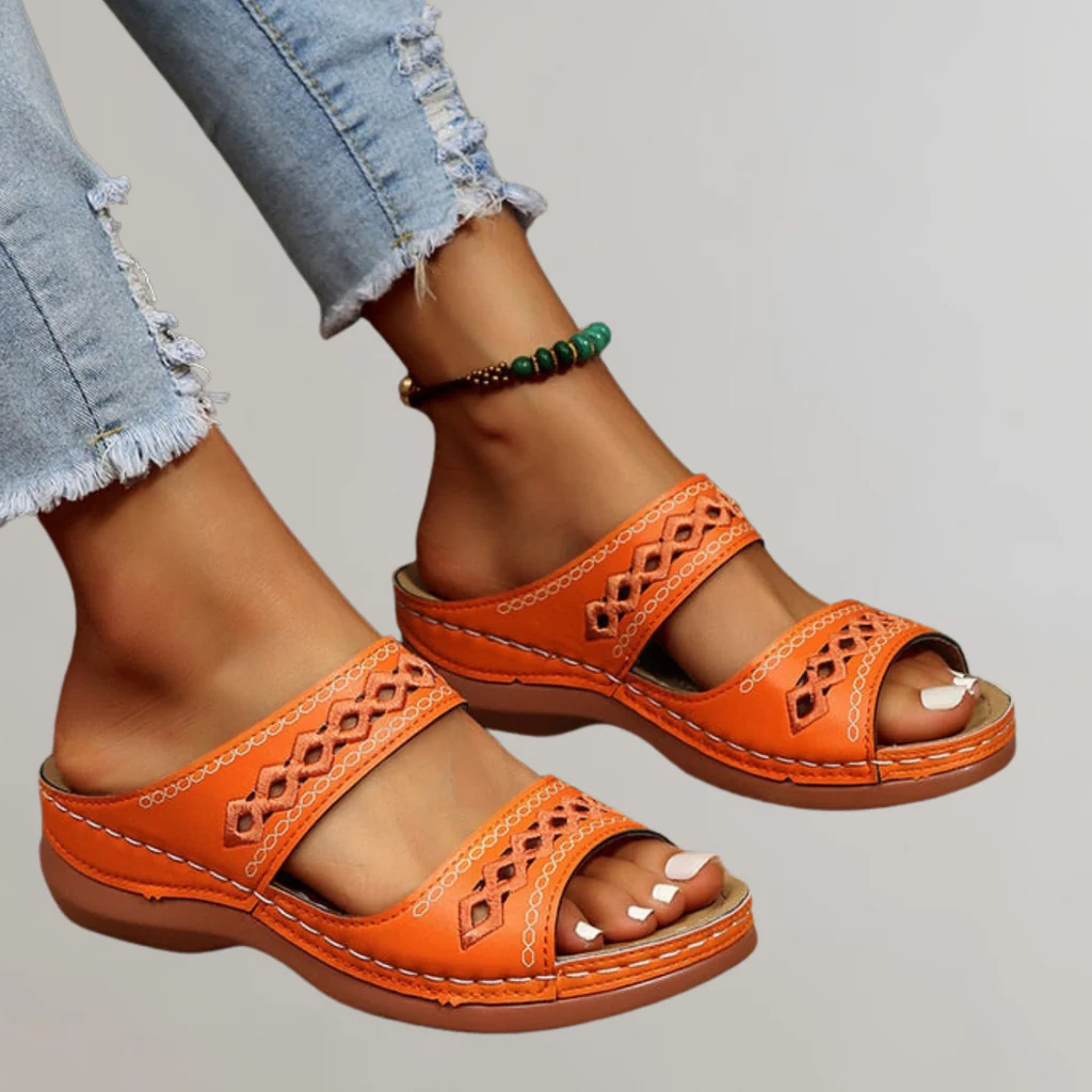 Women's Orthopedic Double Strap Woven Trim Sandals