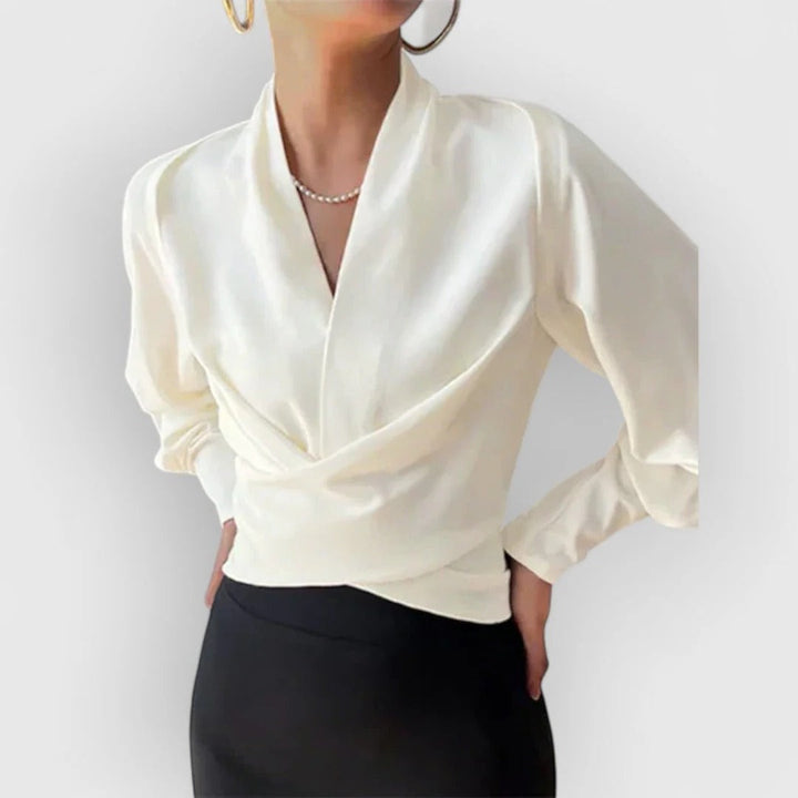 Teal | Women's Satin Wrap Blouse V-Neck Long Sleeve Crossover Top