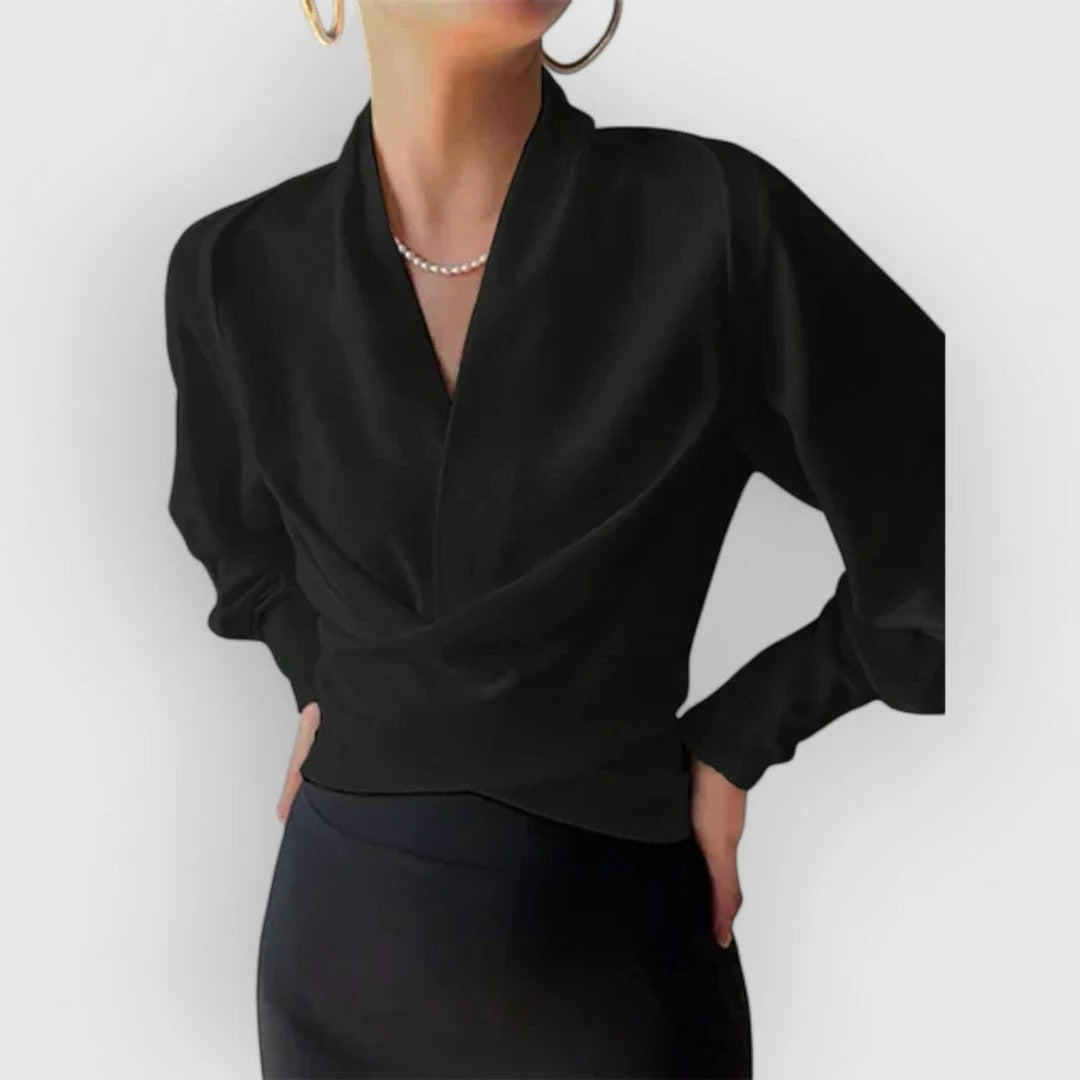 Teal | Women's Satin Wrap Blouse V-Neck Long Sleeve Crossover Top