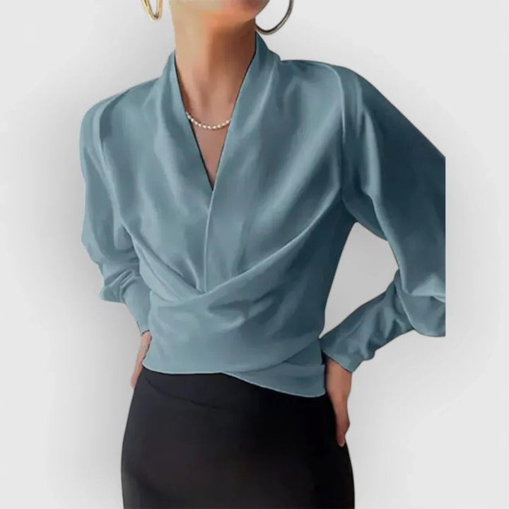 Teal | Women's Satin Wrap Blouse V-Neck Long Sleeve Crossover Top