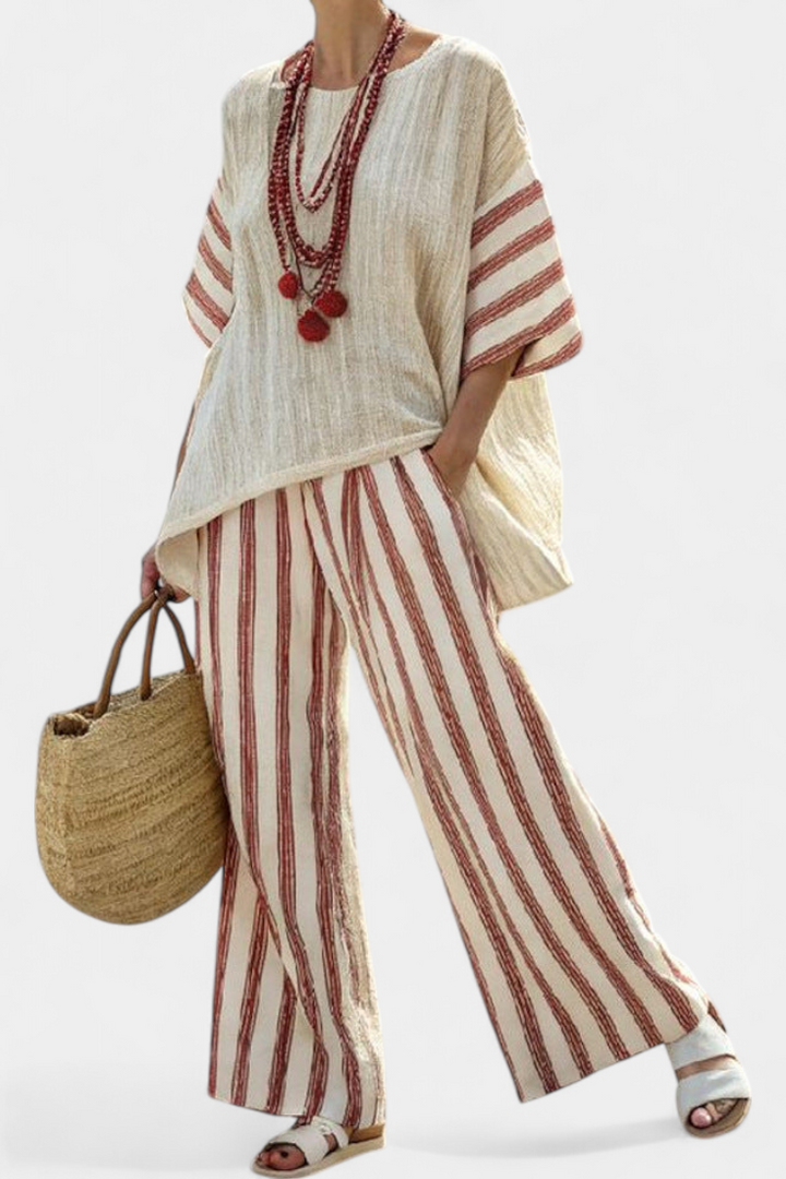 Veronica  – Striped Rustic Elegant Top and Cream Linen Pants