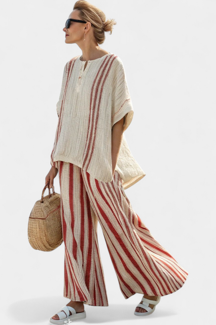 Veronica – structured red striped top and linen pants