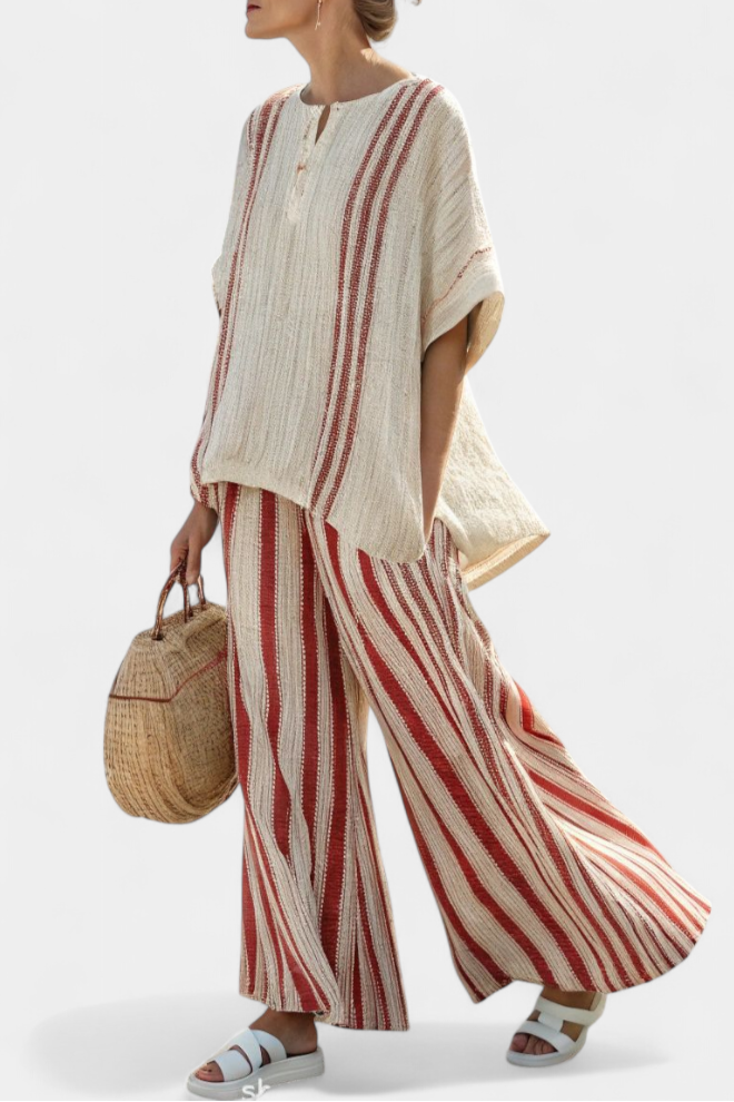 Veronica – structured red striped top and linen pants