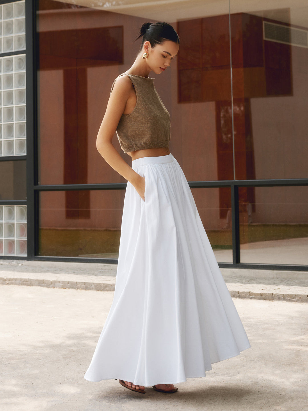 Florence | Women's High Waist Pleated A-Line Maxi Skirt with Pockets