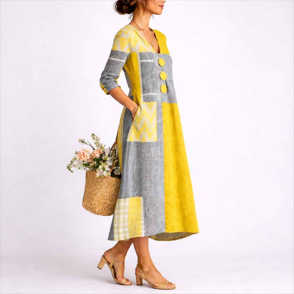 Women's Patchwork Print V-Neck Button Front Midi Dress