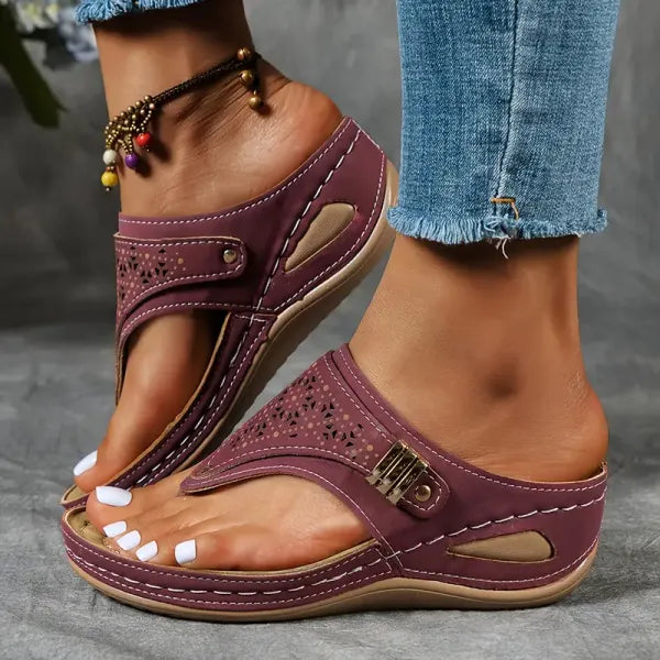 Women's Orthopedic Comfort Laser Cut Wedge Thong Sandals