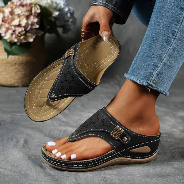 Women's Orthopedic Comfort Laser Cut Wedge Thong Sandals