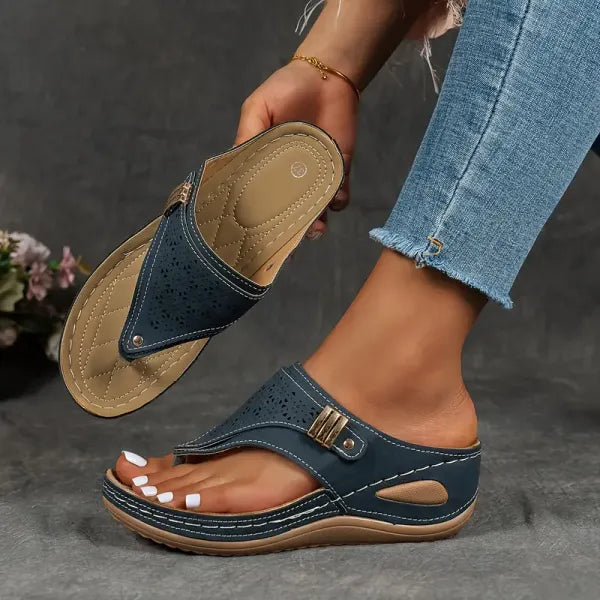 Women's Orthopedic Comfort Laser Cut Wedge Thong Sandals