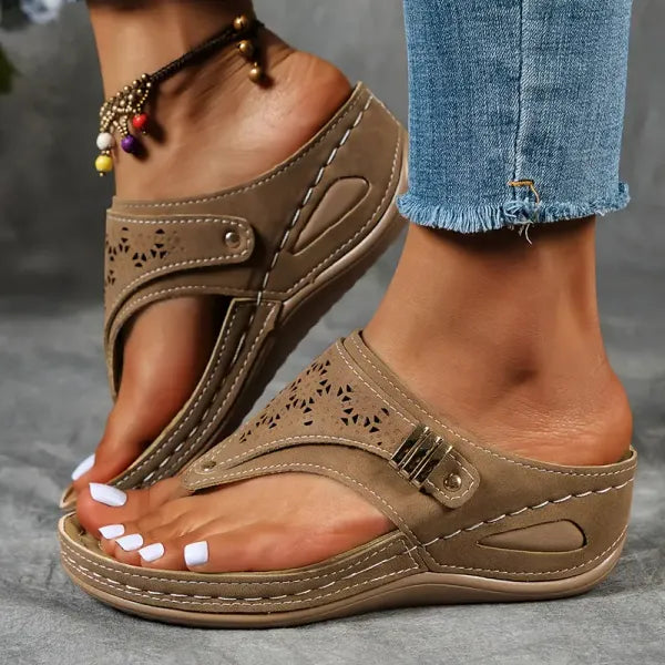 Women's Orthopedic Comfort Laser Cut Wedge Thong Sandals
