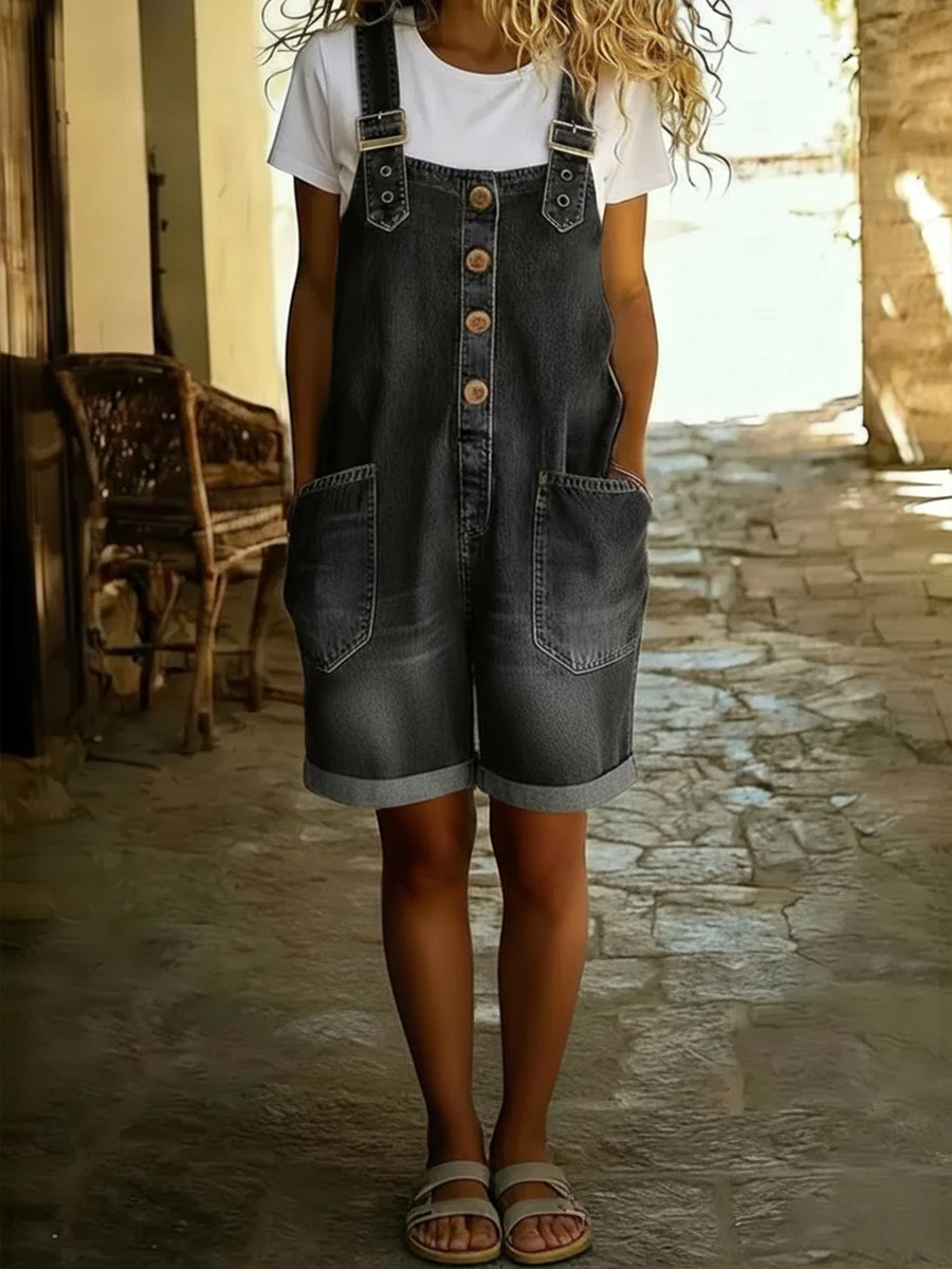 Women's Denim Short Jumpsuit Dungarees Button Front Straps