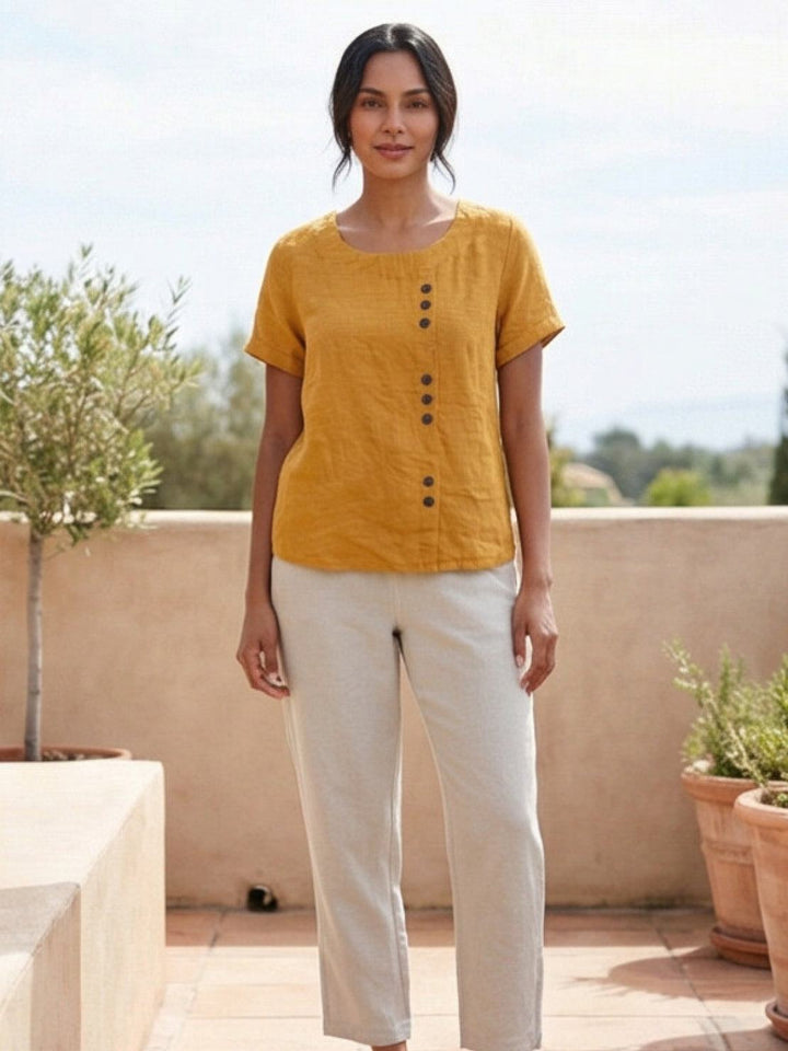 Foreen | Women's Casual Scoop Neck Button Detail Short Sleeve Top