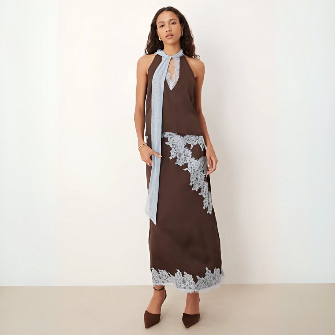 Mabel | Elegant Lace Panel Top & Skirt Set