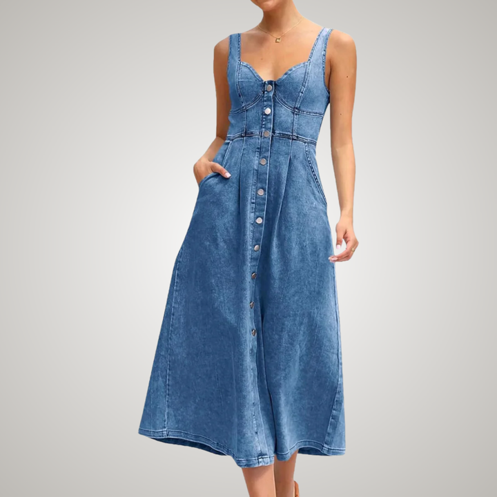 Cindy | Classic Sleeveless Button-Front Denim Dress