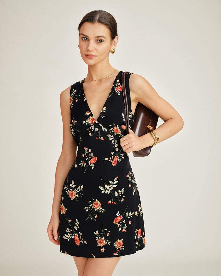 Women's Floral Print V-Neck Sleeveless A-Line Mini Dress