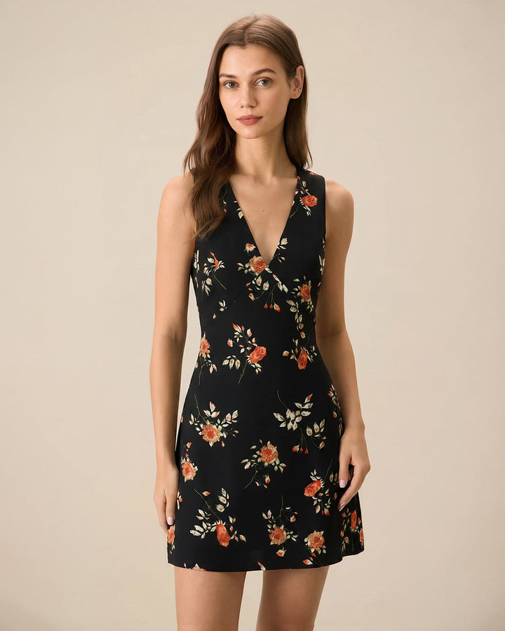 Women's Floral Print V-Neck Sleeveless A-Line Mini Dress