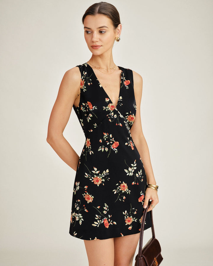 Women's Floral Print V-Neck Sleeveless A-Line Mini Dress